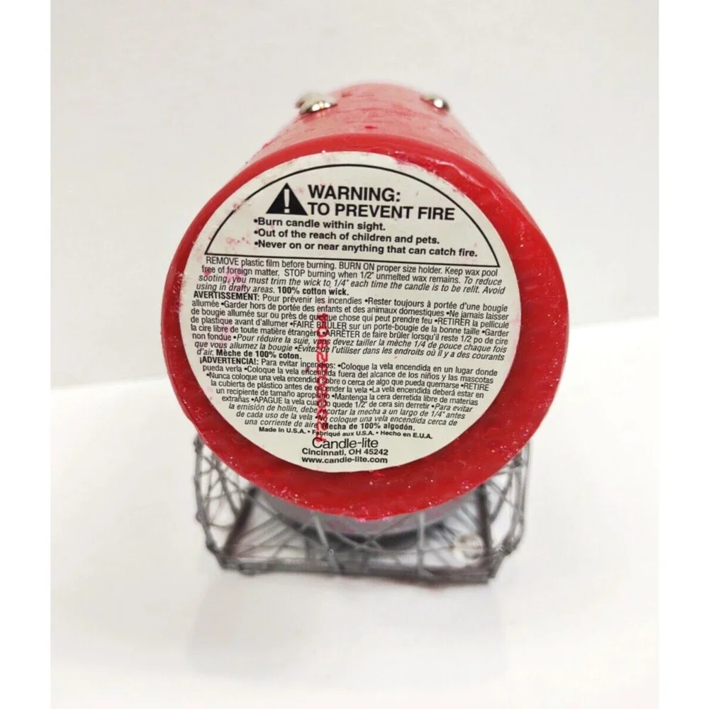 Handmade Christmas Candy Cane Pillar Candle 6oz w Wire Basket Red Holiday